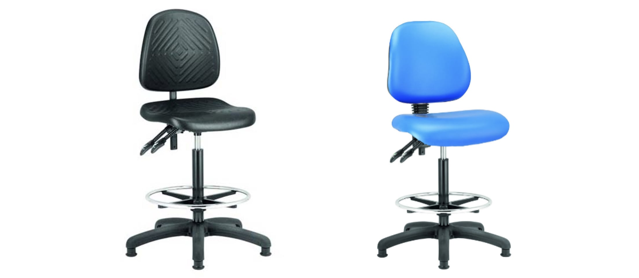 A black office chair and a blue office chair.